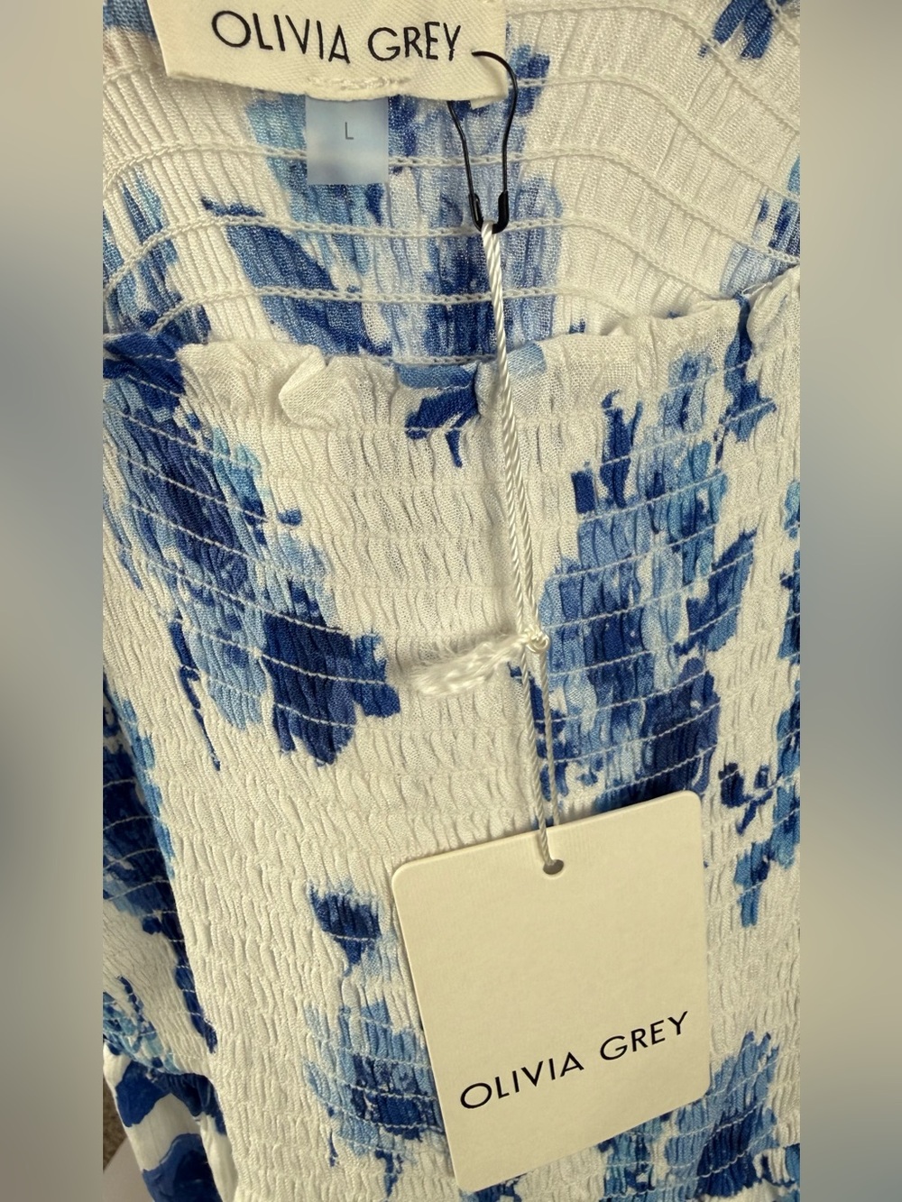 Olivia Grey Blue White Floral Smocked Maxi Dress Puff Sleeve NWT Size L - Picture 4 of 5